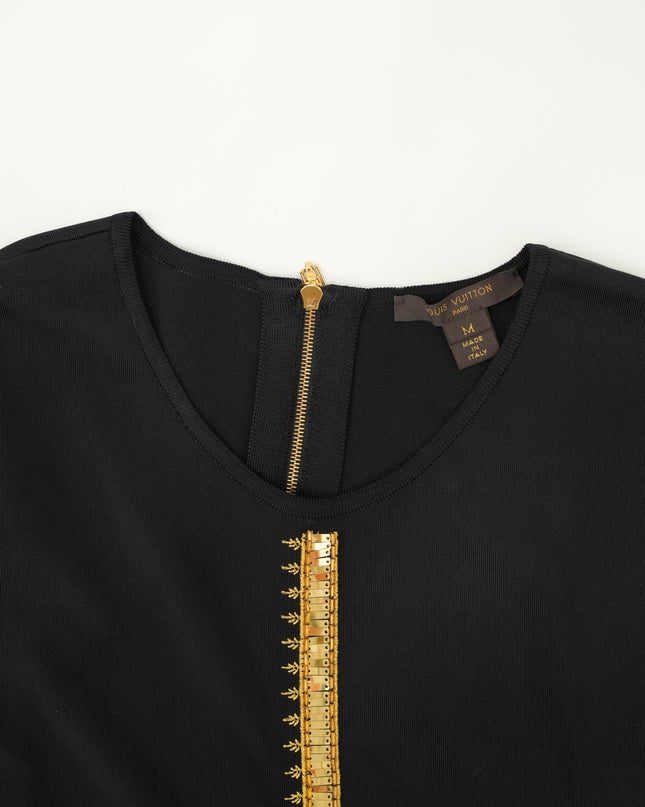 FIT-AND-FLARE BLACK DRESS WITH GOLD DETAILING SIZE M