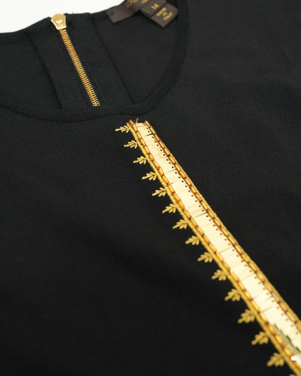 FIT-AND-FLARE BLACK DRESS WITH GOLD DETAILING SIZE M