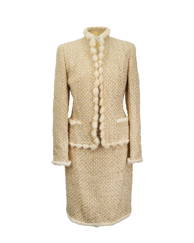 VINTAGE GOLD SUIT WITH FUR TRIM MINK SIZE 38